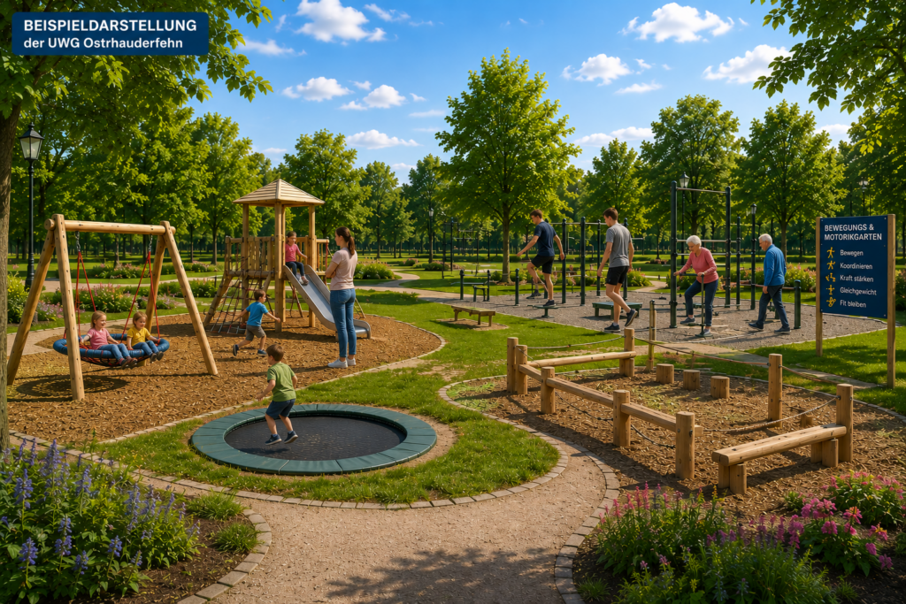 Parkanlage in Ostrhauderfehn - Spielelemente und "Motorikpark" in der Parkanlage